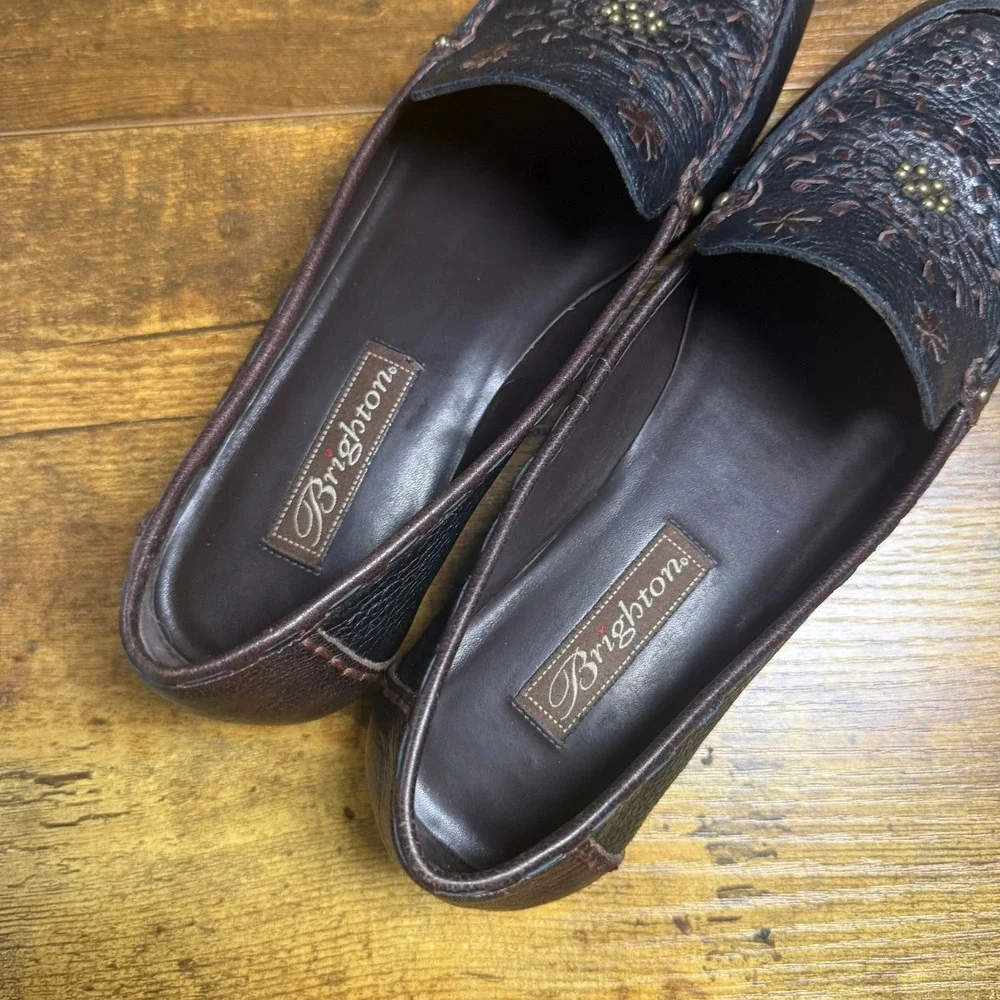 Brighton Kafka Brown Pebbled Leather Embroidered Loafers Womens 8M